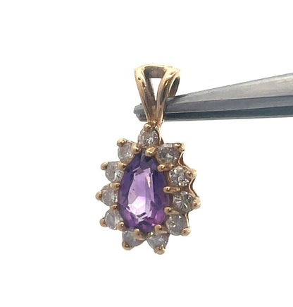 Vintage Designer 14K Yellow Gold Pear Amethyst Diamond Halo Teardrop Pendant