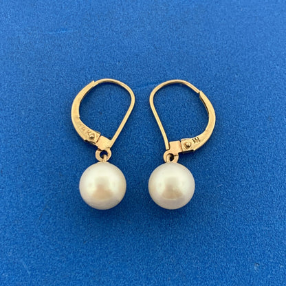 14K Yellow Gold Pearl June Bridal Anniversary Leverback Dangle Earrings
