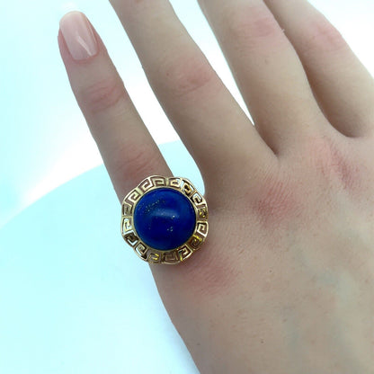 Designer 14K Yellow Gold Lapis Lazuli Cabochon Statement Cocktail Ring