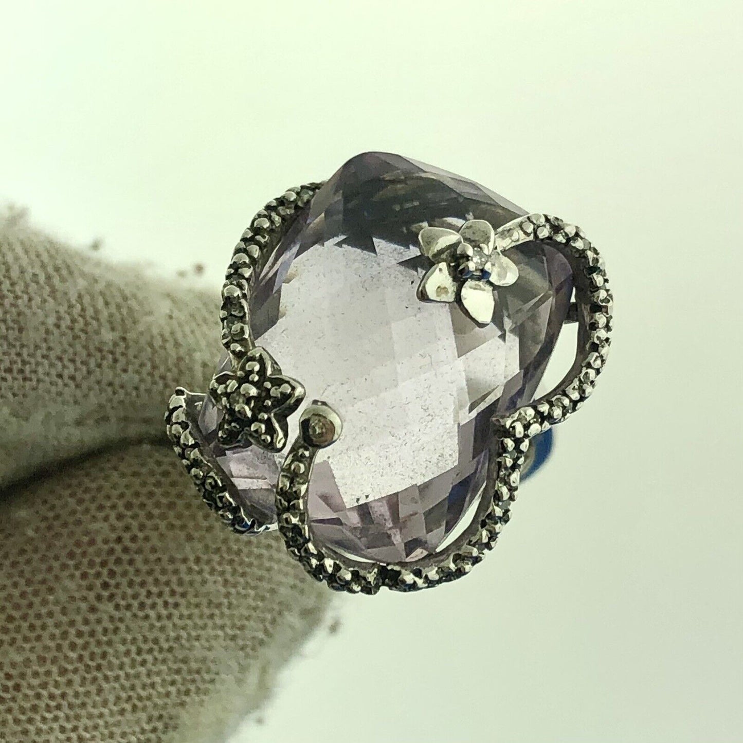 Designer SMJ Sterling Silver 925 Amethyst February Floral Bypass Ring Size 8.25