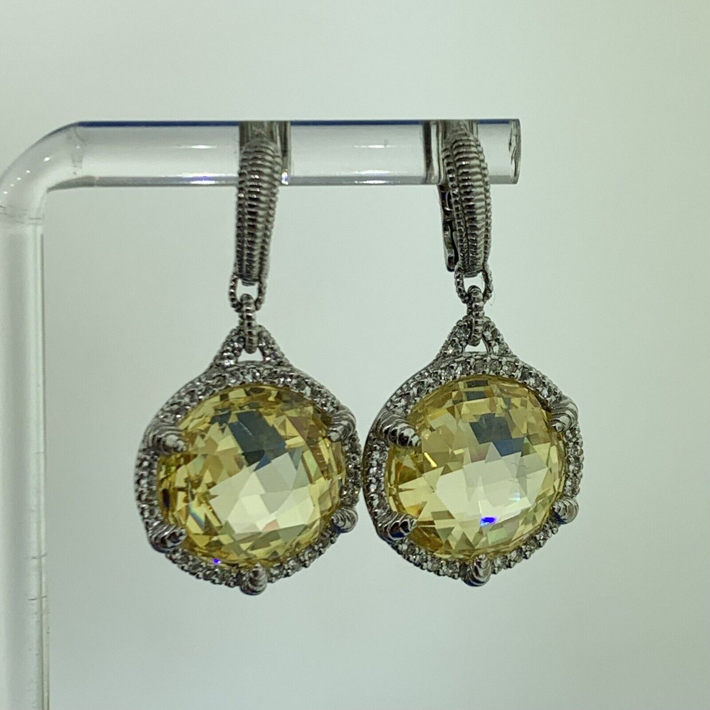 Judith Ripka 925 Sterling Silver 18K Gold Lemon Quartz Diamond Dangle Earrings