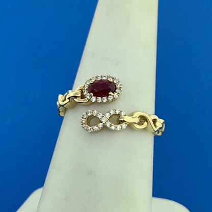 IZI Creations 14K Yellow Gold Oval Ruby Diamond Accented Open Band Bypass Ring