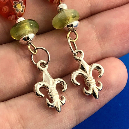 Sterling Silver 925 Millefiore Glass Bead Fleur De Lis Drop Dangle Earrings