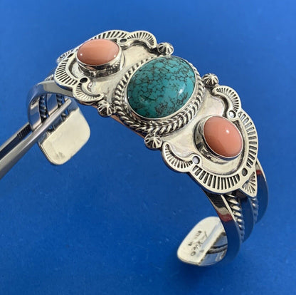 Designer REVE 925 Sterling Silver Turquoise Coral Statement Open Cuff Bracelet