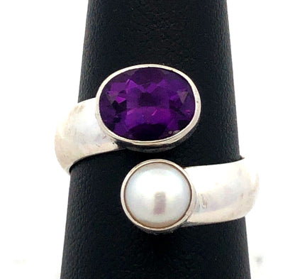 Designer LD 925 Sterling Silver Oval Purple Amethyst Pearl Bypass Ring
