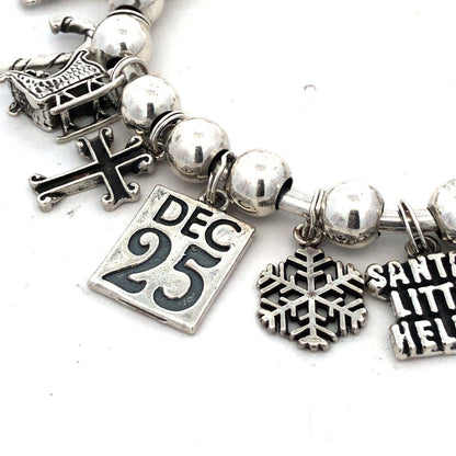 Vintage SJC 925 Sterling Silver Christmas Holiday Theme Beaded Charm Bracelet