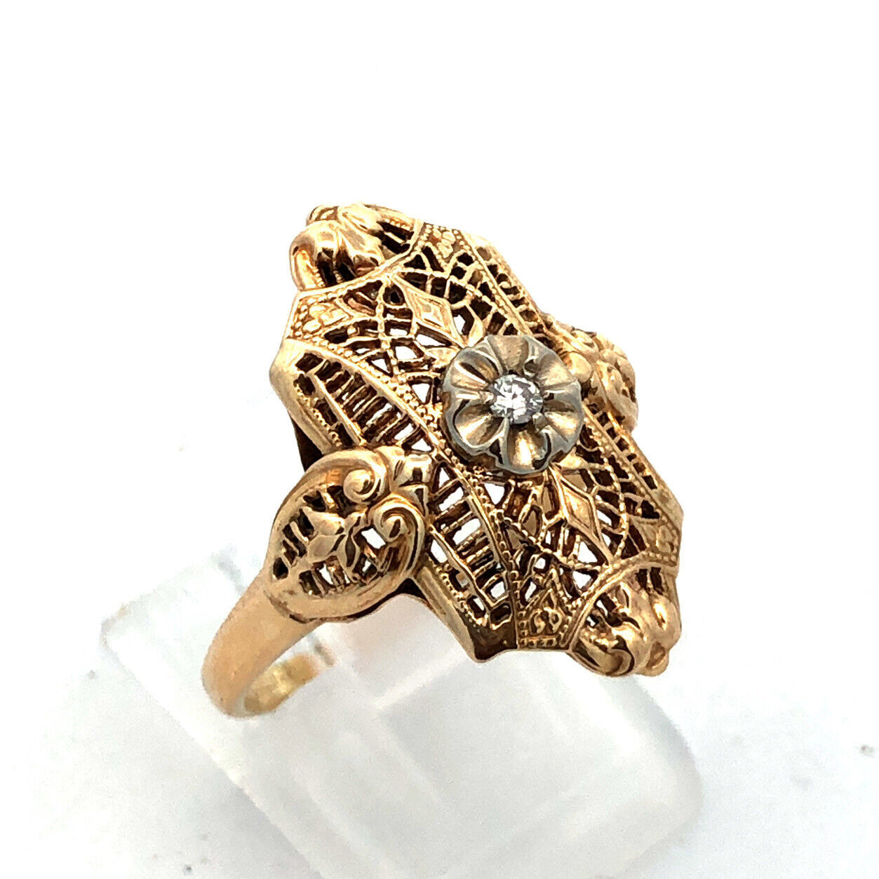 Vintage 10K Yellow Gold Diamond Floral Filigree Statement Finger Ring