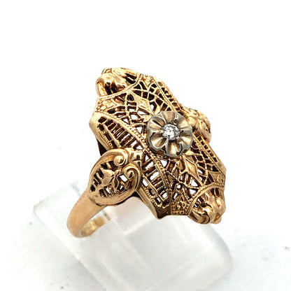 Vintage 10K Yellow Gold Diamond Floral Filigree Statement Finger Ring