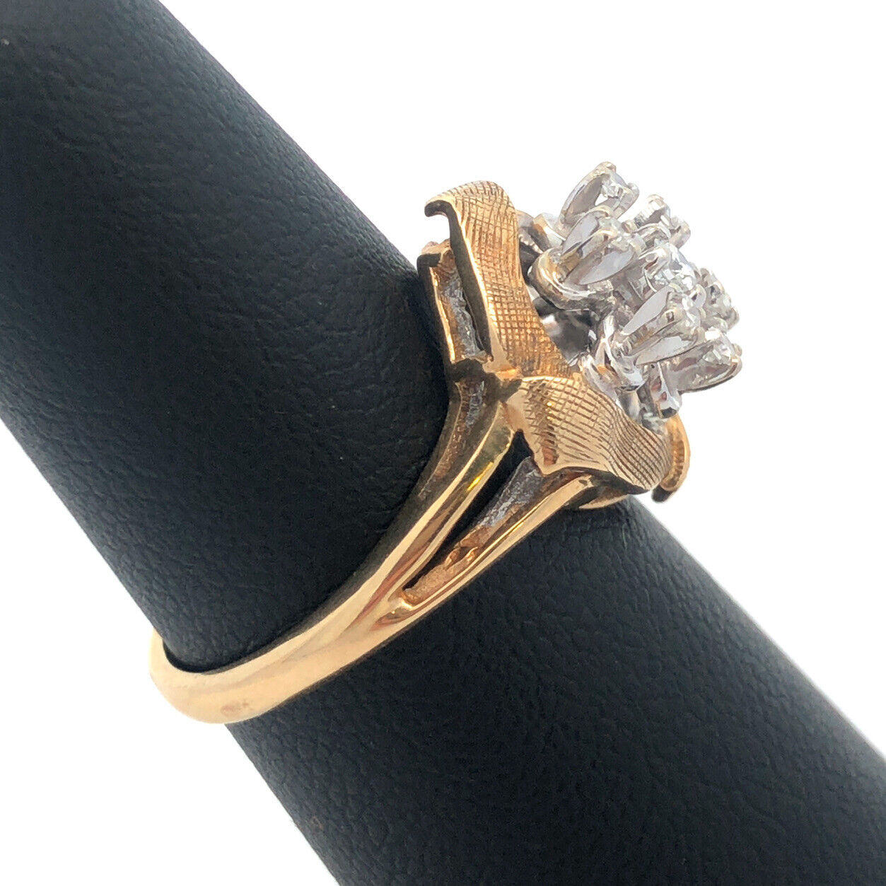 Designer OFA 14k Yellow Gold Round Cut Diamond Cluster Openwork Ring Size 6.25