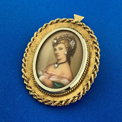 Vintage FJE Italy 18k Yellow Gold Diamond Hand Painted Portrait Brooch Pendant