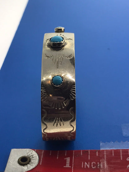 Vintage Childs Silver Tone Faux Turquoise Storyteller Etched Cuff Bracelet