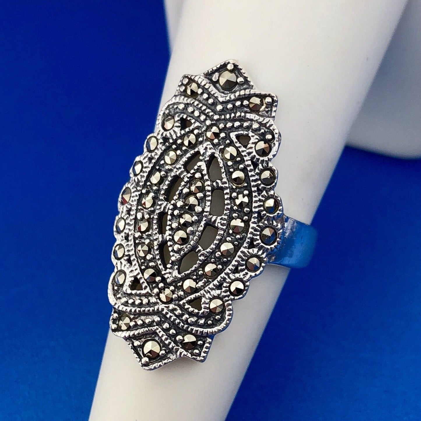 Retro 925 Sterling Silver Marcasite Filigree Scroll Statement Cocktail Ring