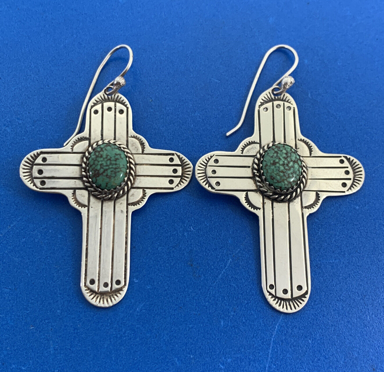 Native American 925 Sterling Silver Concho Green Turquoise Cross Hook Earrings