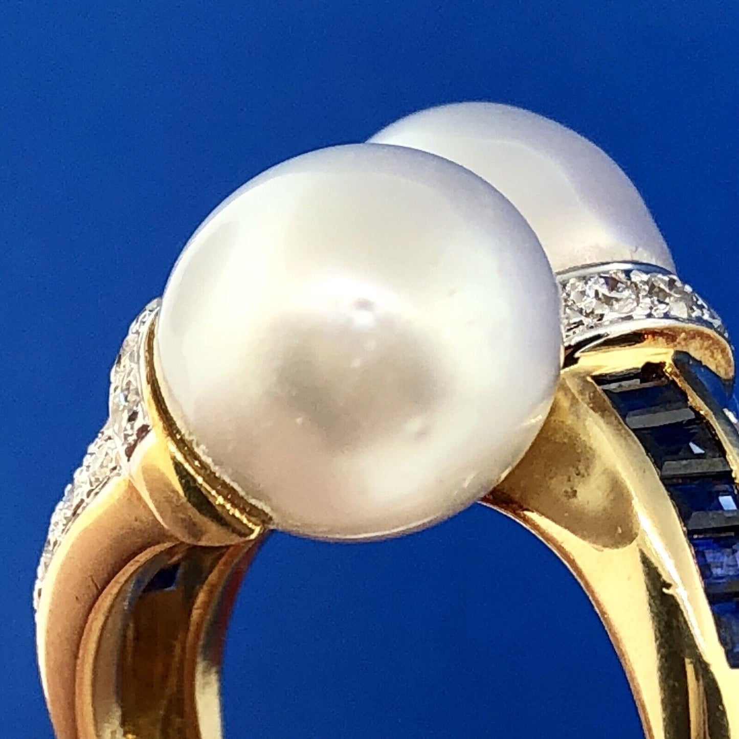 Estate 18K Yellow Gold Diamond Sapphire Pearl Bypass Cocktail Dinner Ring