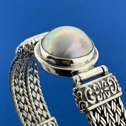 Designer Sterling Silver Mabe Pearl Cabochon Balinese Style Statement Bracelet