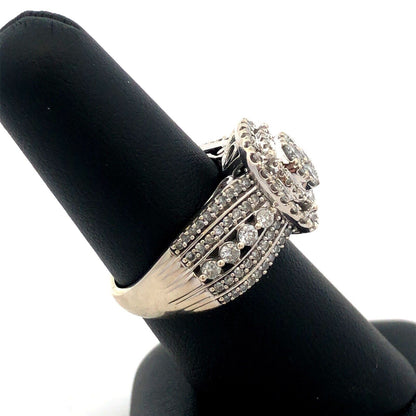 Designer IKS 10K White Gold Round Diamond Cluster Halo Statement Engagement Ring
