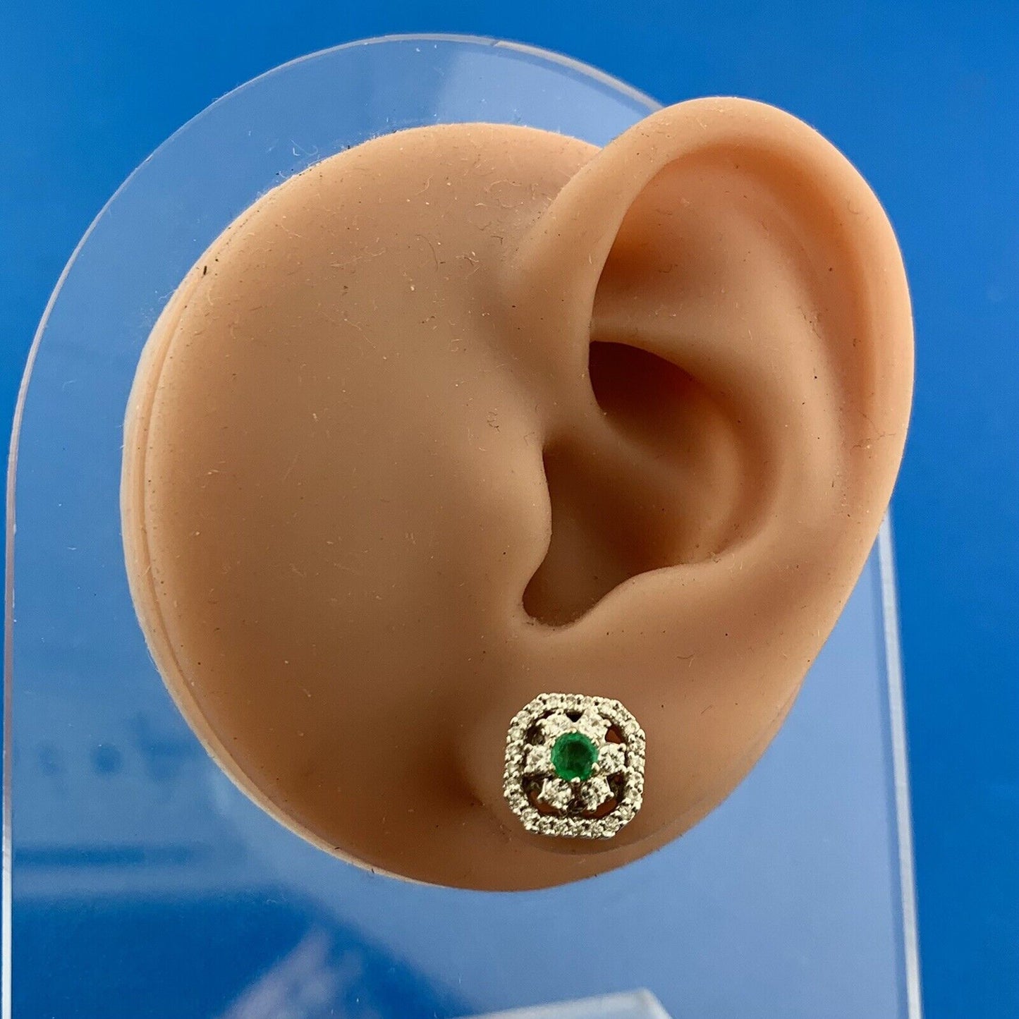 18K White Gold Diamond Emerald Floral Cluster May Occasion Stud Earrings