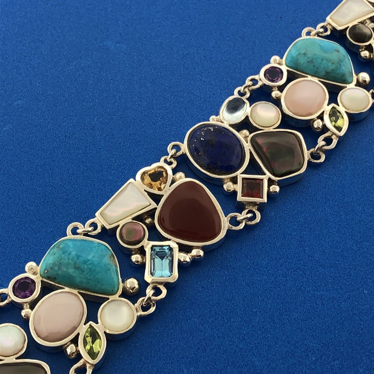 Designer 925 Sterling Silver Multi Gem Multi Shaped Glamorous Statement Bracelet