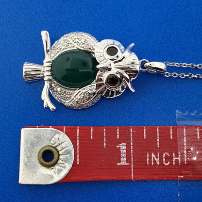Designer Sterling Silver Green Onyx Garnet Textured Plump Owl Fashion Necklace