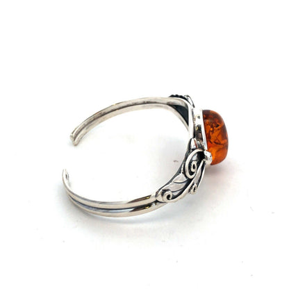 Vintage 925 Sterling Silver Oval Amber Leaves Nature Cuff Bracelet