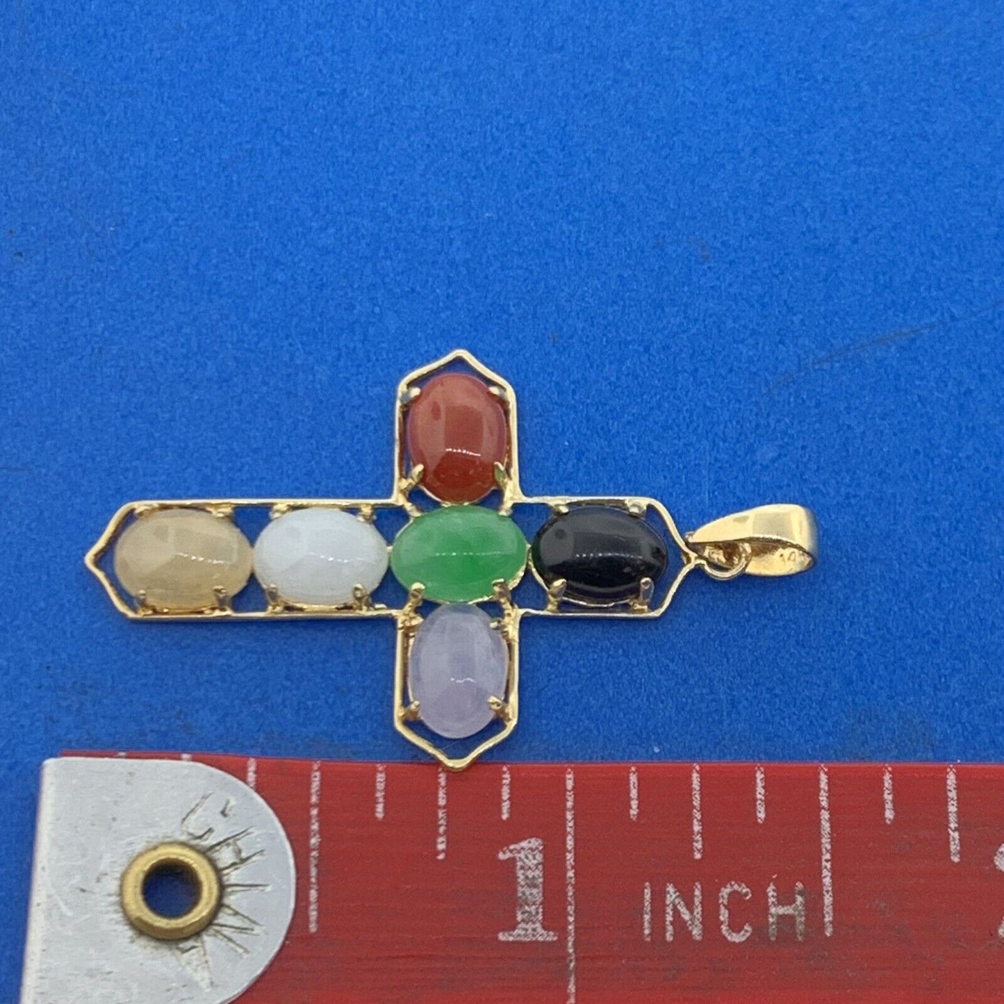 14K Yellow Gold Jade Onyx Coral Multi Gemstone Cabochon Cross Pendant