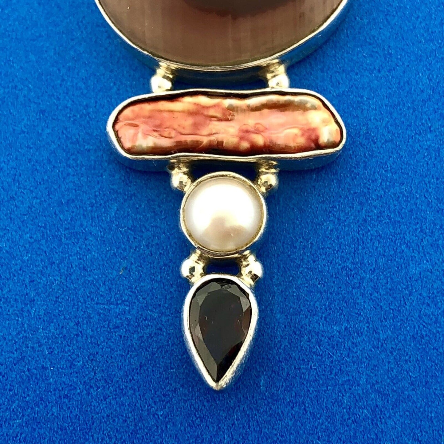 Sterling Silver 925 Carnelian Jasper MOP Garnet Pearl Statement Pendant