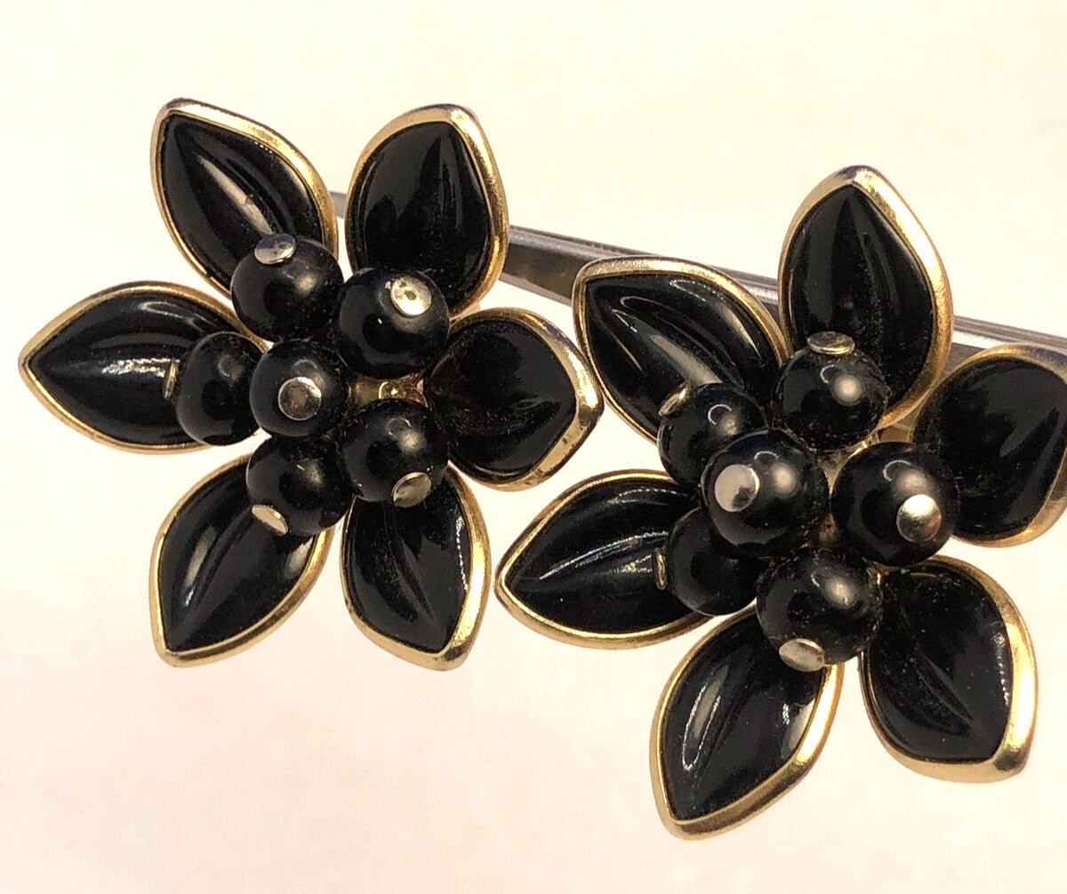 Designer Coro Gold-Tone Black Enamel Flower Statement Clip-on Stud Earrings