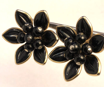 Designer Coro Gold-Tone Black Enamel Flower Statement Clip-on Stud Earrings