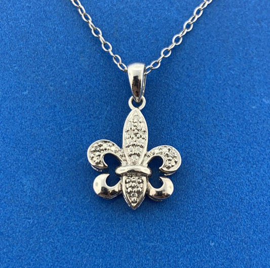Designer 925 Sterling Silver Diamond Fleur De Lis Charm Pendant Necklace