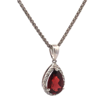 Designer 14K White Gold Pear Garnet Diamond Halo Drop Pendant Necklace