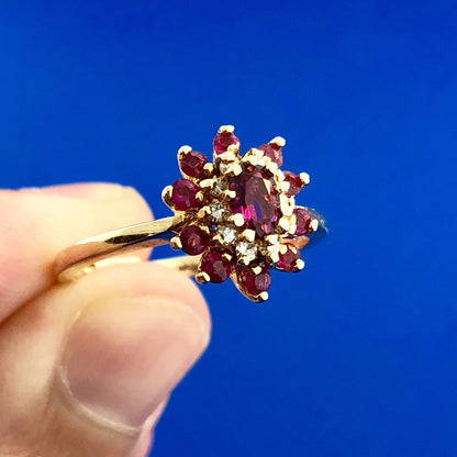Designer 14K Yellow Gold Ruby Diamond 3 Tier Cluster Engagement Cocktail Ring