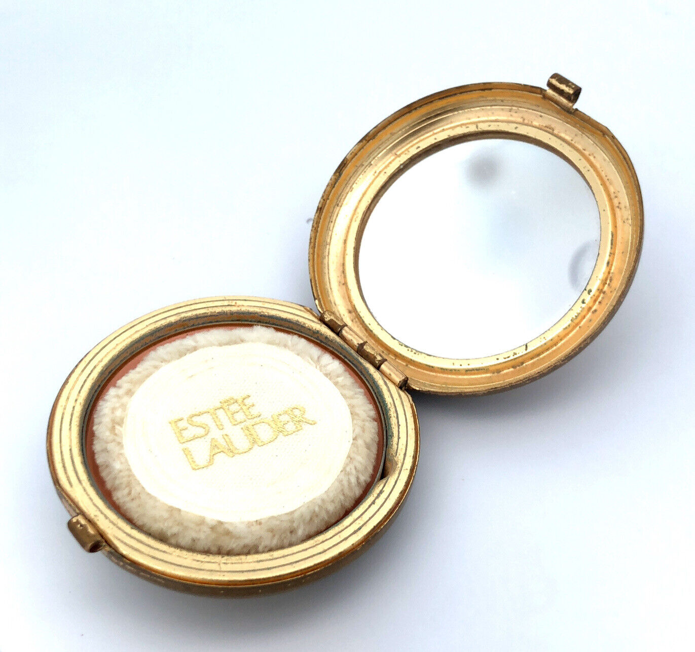 Vintage Estee Lauder Gold Tone Guilloche Carved Cameo Mirror Compact