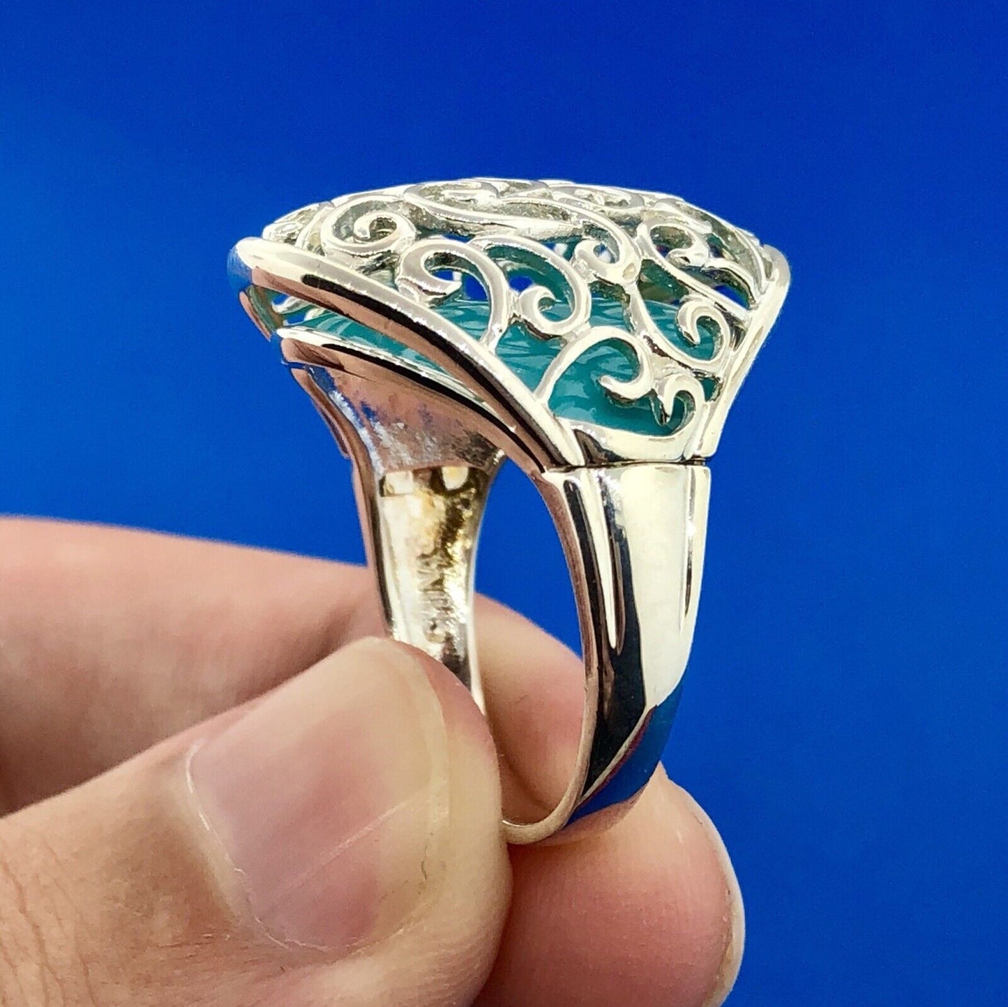 Designer 925 Sterling Silver Aqua Enamel Swirl Scroll Open Work Statement Ring