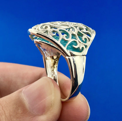 Designer 925 Sterling Silver Aqua Enamel Swirl Scroll Open Work Statement Ring