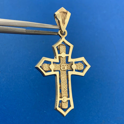 Designer 10K Yellow Gold Cubic Zirconia CZ Black Enamel Statement Cross Pendant