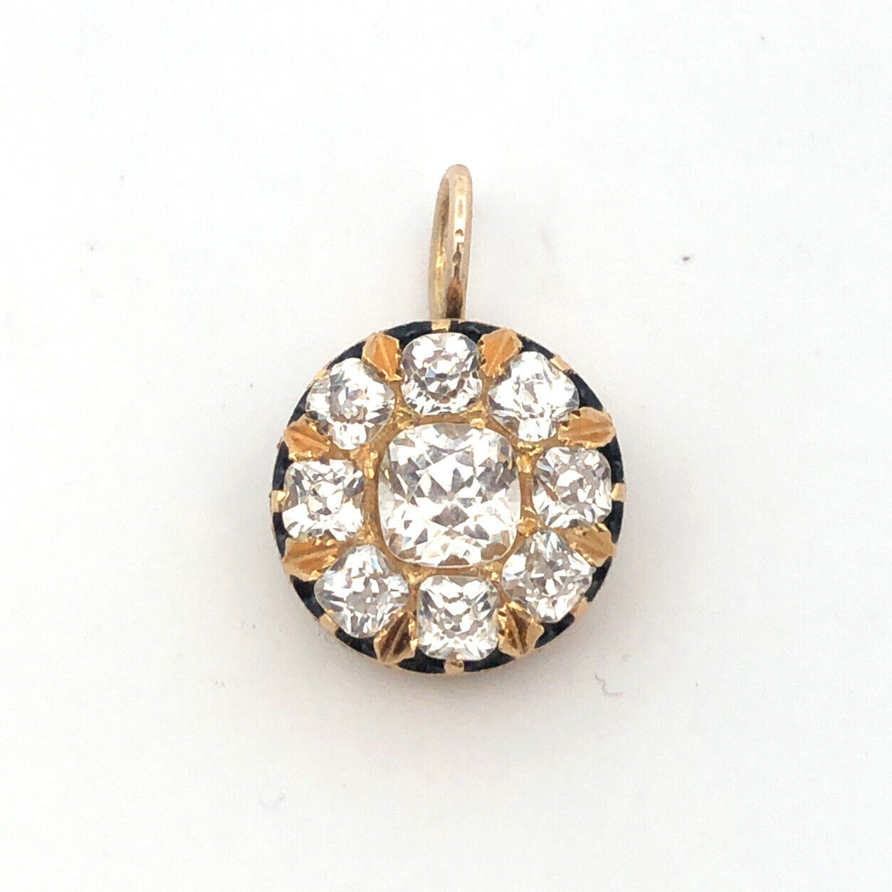 Estate 14K Yellow Gold Cubic Zirconia Cluster Enamel Round Pendant