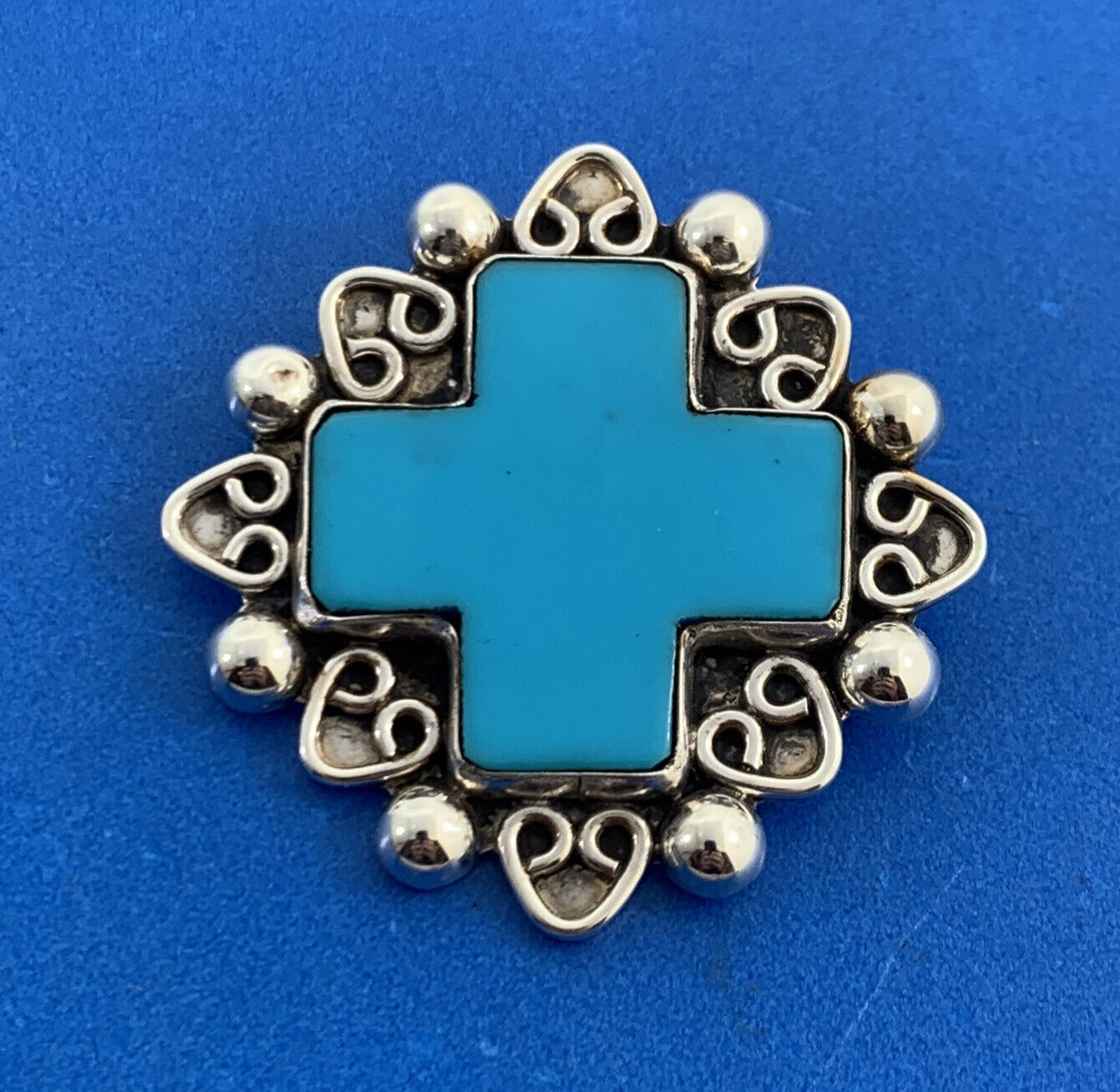 Taxco Mexico 925 Sterling Silver Turquoise Cross Statement Pendant