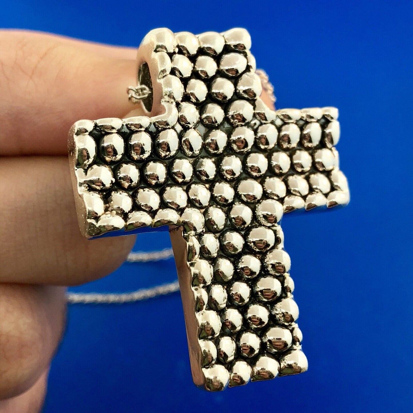 Sterling Silver 925 Intaglio Beaded Cross Religious Communion Pendant Necklace