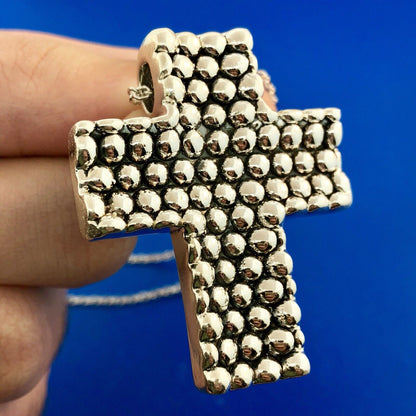 Sterling Silver 925 Intaglio Beaded Cross Religious Communion Pendant Necklace