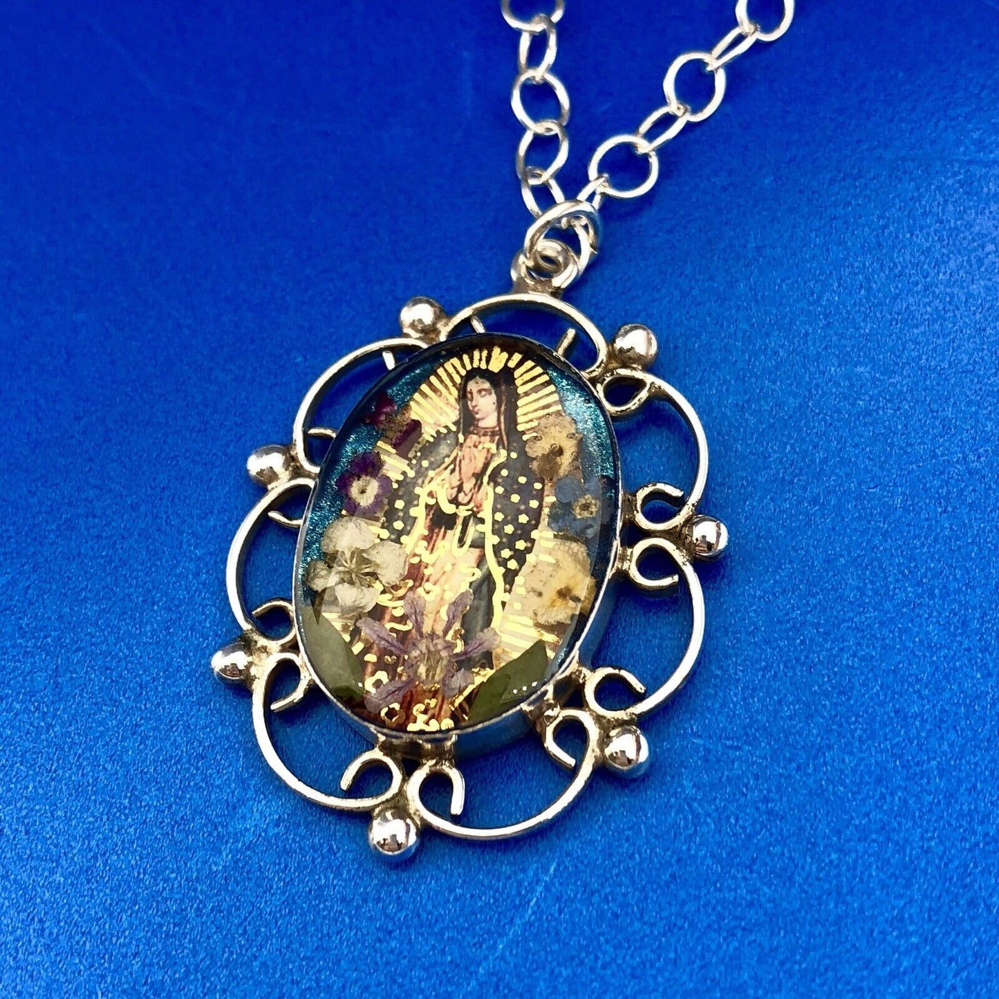 Designer ATI Sterling Silver 925 Resin Mary Religious Scroll Bead Necklace