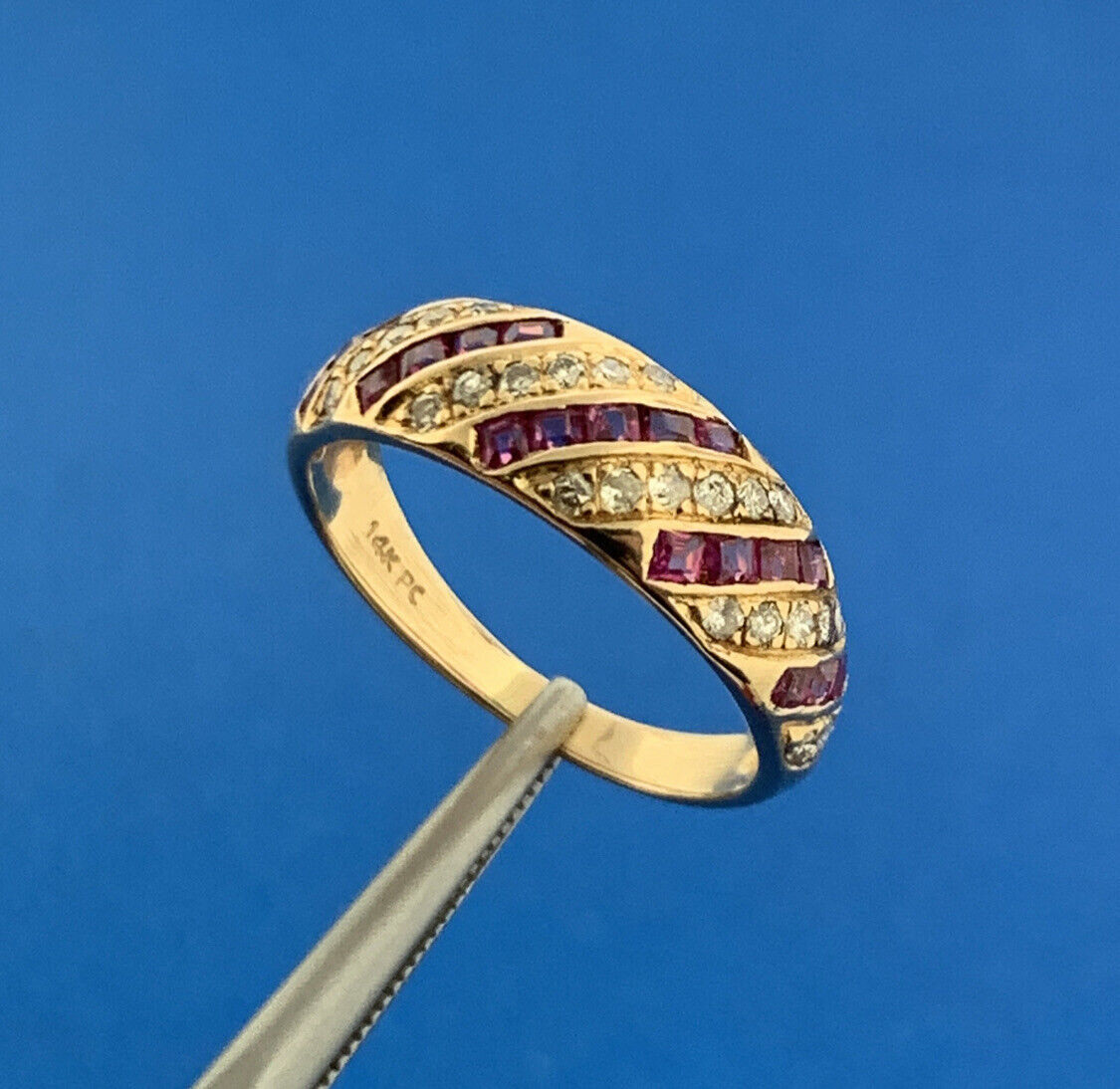 Designer 14K Yellow Gold Ruby Diamond July Wedding Anniversary Tapered Band Ring