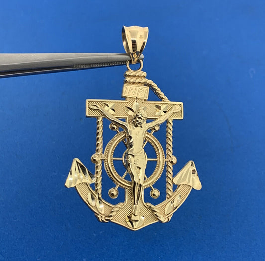 Designer 10K Yellow Gold Sailors Cross Anchor Navy Religious Statement Pendant