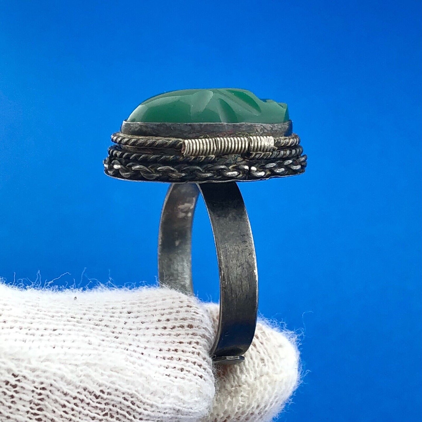 Lovely Sterling Silver 925 Onyx Colored Glass Snuff Poison Pill Adjustable Ring