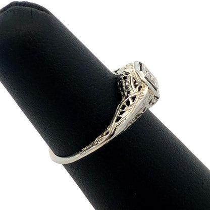 Vintage Art Deco 14K White Gold Round Diamond Filigree Square Engagement Ring