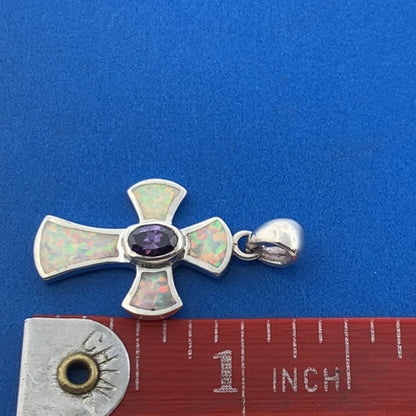 Designer 925 Sterling Silver Oval Amethyst Opal Inlay Modernist Cross Pendant