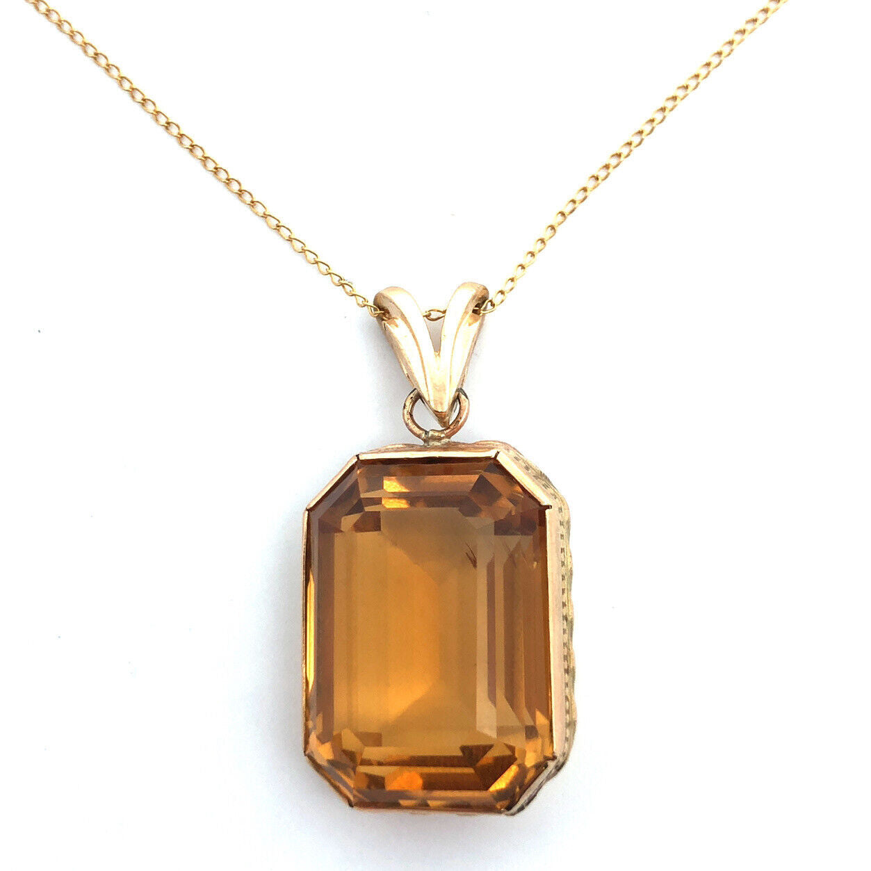 Designer 14K Yellow Gold Emerald Cut Citrine Statement Pendant Chain Necklace