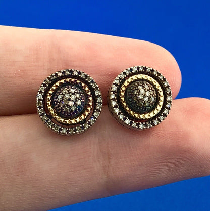 Designer AJ Sterling Silver 14K Yellow Gold Diamond Halo Cluster Stud Earrings