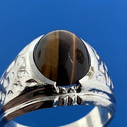 Vintage Designer 925 Sterling Silver Oval Tiger Eye Cabochon Unisex Dome Ring
