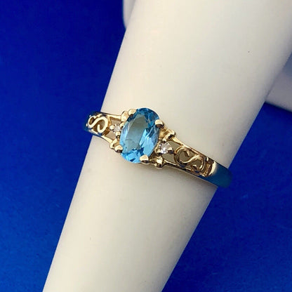 Vintage Plainville Stock Co PSCO 10K Yellow Gold Blue Topaz Diamond Ring