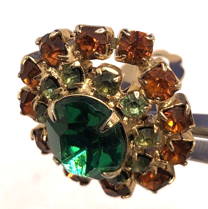 Vintage Gold-Tone Green & Orange Rhinestone Statement Clip Earrings Brooch Set